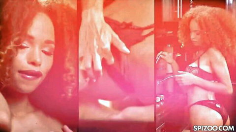 Sexy ebony beauty in black lingerie teased and groped by hand on tits
