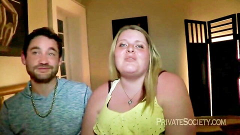 Sexy blonde BBW couple smiling intimately in amateur video thumbnail