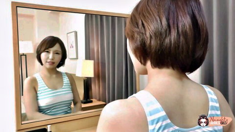 Mio Futaba in striped tank top, gazing in mirror during casting audition