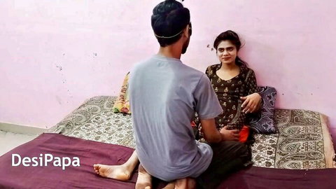 Indian skinny babe in salwar kameez sits with boyfriend on bed, Desi Papa amateur scene