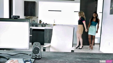 Blonde stepmom and ebony stepdaughter hold hands walking in short skirts kitchen taboo tease