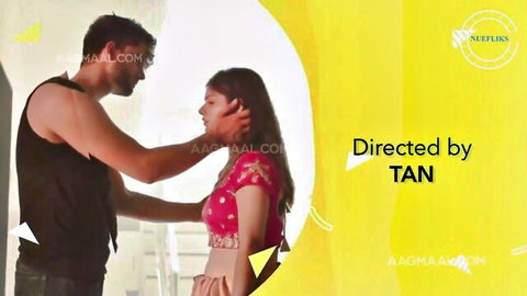 Indian man grabs busty woman's neck from behind in tight pink saree blouse
