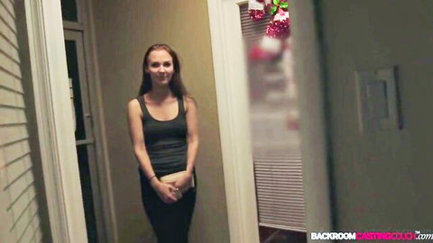 Slim brunette in tank top and pants at Backroom Casting Couch interview