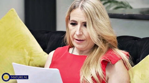 Mature blonde MILF in red dress shocked by letter, interracial anal tease