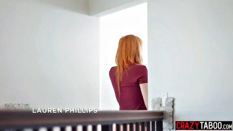 Redhead stepmom Lauren Phillips in tight maroon top, teasing from behind