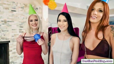 Alex Coal and blonde, redhead BFFs in party hats and sexy outfits for wild foursome