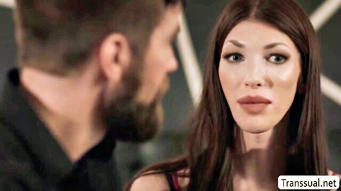 Ava Holt gazes intensely at bearded stepdaddy in red low-cut top