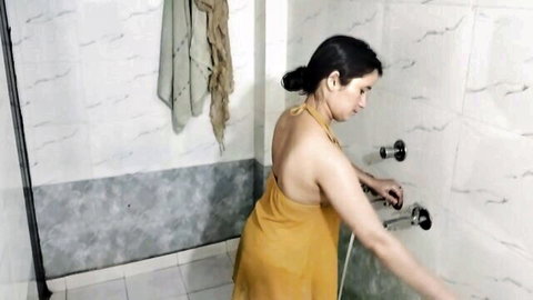 Desi wife in wet yellow dress bending in shower for surprise hubby sex