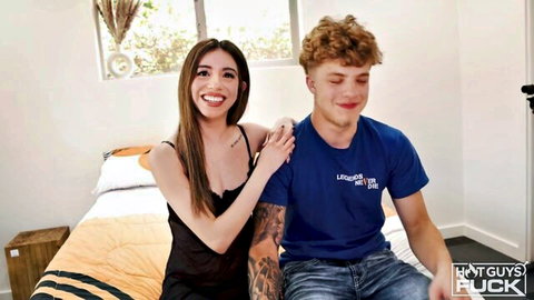 Camila Cream in sexy black lingerie with red-haired guy, teasing couple scene