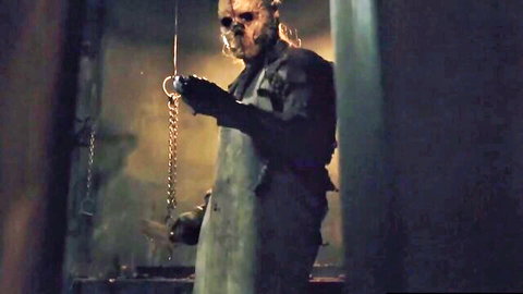 Masked BDSM dom with machete dominates kinky brunette in horror-themed scene