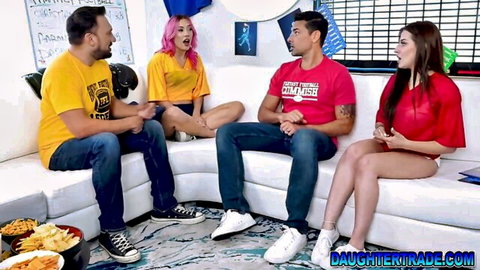 Jazmin and stepdad swap juicy teen daughters for hot group play