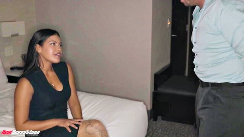 Maya Farrell in tight black dress flirting with Chad White