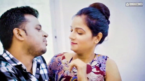 Curvy Asian woman in floral dress intimately close with man, step-family punishment scene