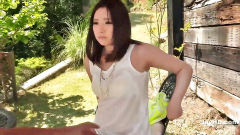 Misaki Tsubasa Asian JAV star in outdoor creampie, white tank top and green skirt hiked up