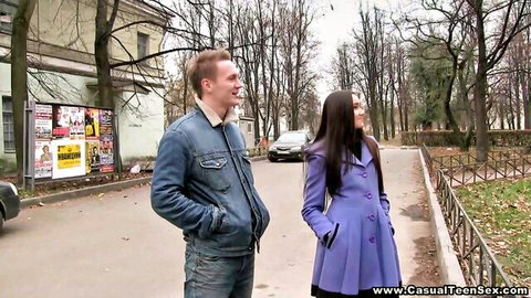 Aziza in purple coat teases outdoors with guy in Casual Teen Sex