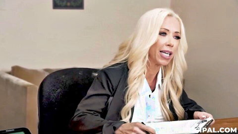 Mandy Monroe in office attire, blonde big-titted beauty submitting to boss