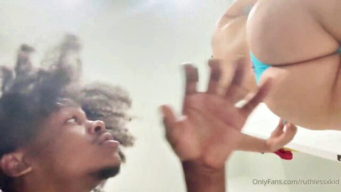 Barbie doll teases big ass with BBC in blue bikini, interracial action