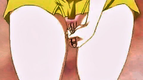 Anime hentai girl with yellow skirt spreading legs for toy insertion