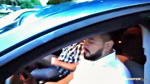 Tattooed bearded studs in car orgy, eating out monster cubs