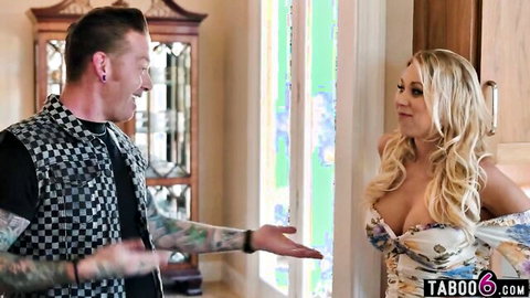 Katie Morgan busty blonde stepmom in teasing dress with tattooed guy