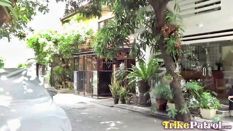 Tropical alleyway with lush green plants, potted ferns, covered white car, and glass door entrance