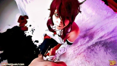 Redhead cosplay babe with massive bare tits gazing seductively at POV hand