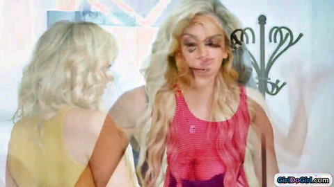 Blonde MILF Kayla Paige in red tank top with stepdaughter in intimate lesbian moment