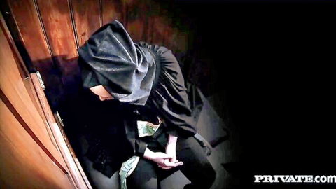 Blonde MILF Rebecca Moore in nun outfit holding cash in confessional, priest anal roleplay