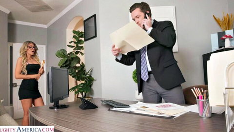 Kayla Kayden in short black dress seduces office colleague naughtily