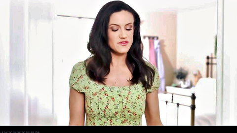 Seductive brunette stepmom in green floral dress for steamy roleplay
