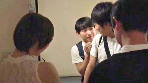 Japanese teen girl with two young friends in teasing threesome setup