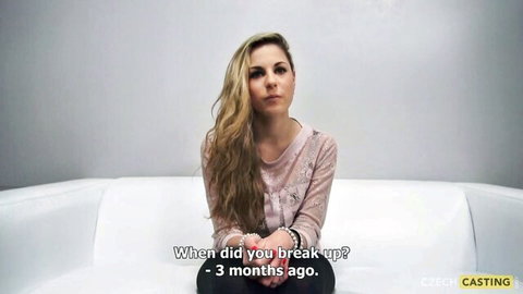 Blonde Nikola in pink top during casting couch interview