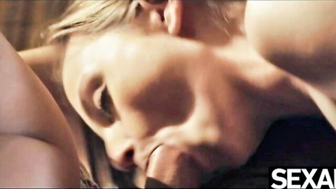 Blonde babe in ecstasy during intense foursome oral action