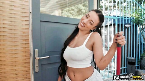 Vitoria Beatriz thick Latina maid teasing with red mop handle outdoors