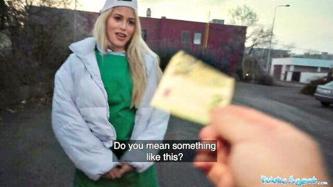 Blonde in tight green dress parodies sexy waitress outdoors, public pickup tease