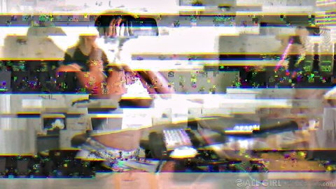 Glitchy sensual lesbian massage with women in thongs exposing big tits and asses