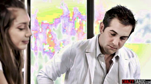 Shy young teen patient looks away as doctor in white coat examines her closely