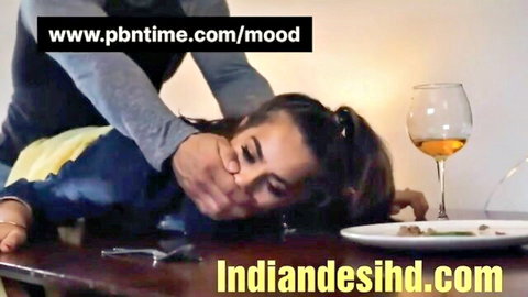 Brunette Indian babe roughly choked by man on dinner table in intense rough sex