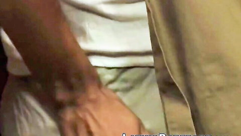 Skinny gay employee gropes big cock bulge in khaki pants handjob tease