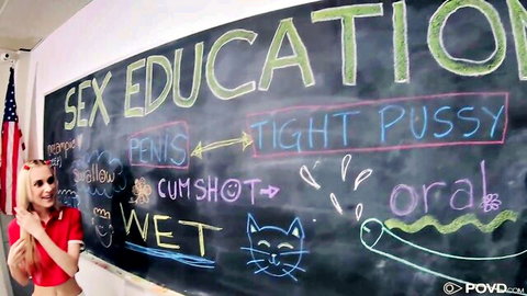 Petite blonde teen teacher smiles by sex ed chalkboard with penis tight pussy cumshot oral drawings
