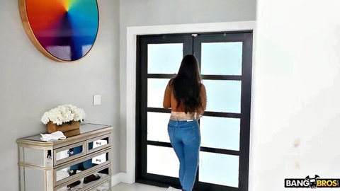 Xwife Karen teasing in tight jeans and crop top, back view