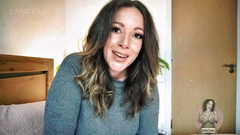 Sasha Curves smiling in POV milf tease, chubby frame in gray sweater