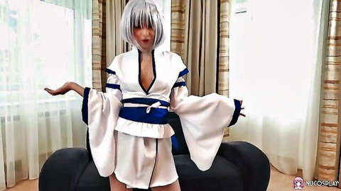 Alexis Willson in white kimono cosplay with silver hair posing seductively