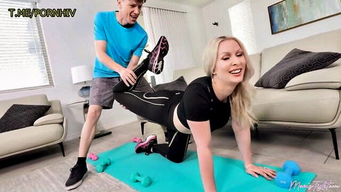 Sydney Paige blonde MILF in yoga pants stretched by stepson during workout