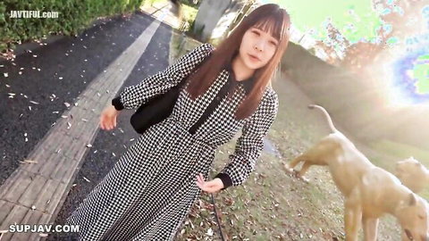 Asian college student in polka dot dress walks dog outdoors, tsundere vibe
