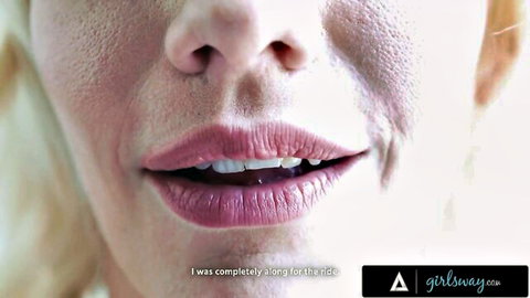 Blonde MILF parts glossy lips wide open mouth closeup in GirlsWay lesbian porn
