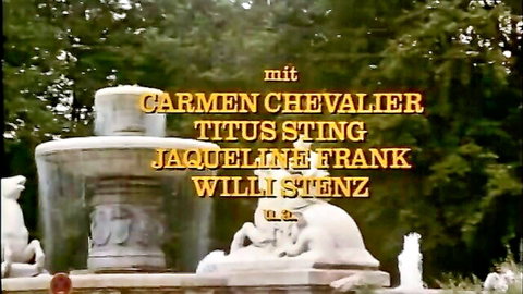 Retro German adult film cast credits with Carmen Chevalier over garden fountain scene