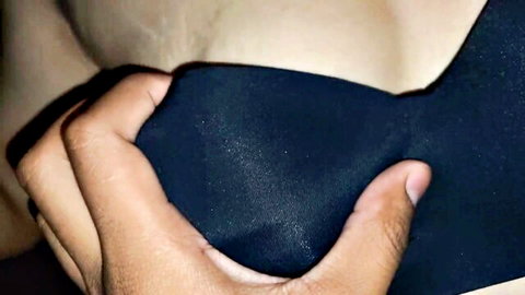 Desi stepsister's massive boobs squeezed by hand in black bra