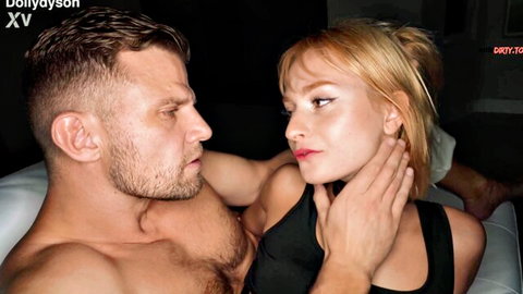 Muscular bearded hunk grips skinny redhead's neck in intense closeup stare