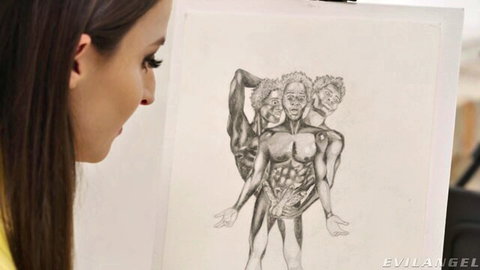 Asian woman views erotic sketch of three-headed black muscular nude man, Evil Angel DP gangbang art